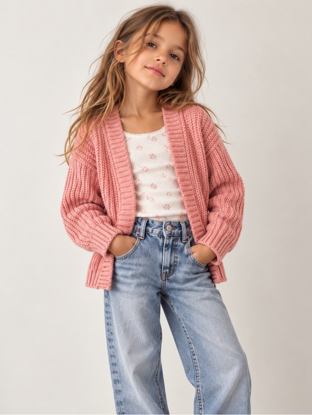 Girls Cozy Open-Front Pink Chunky Knit Cardigan